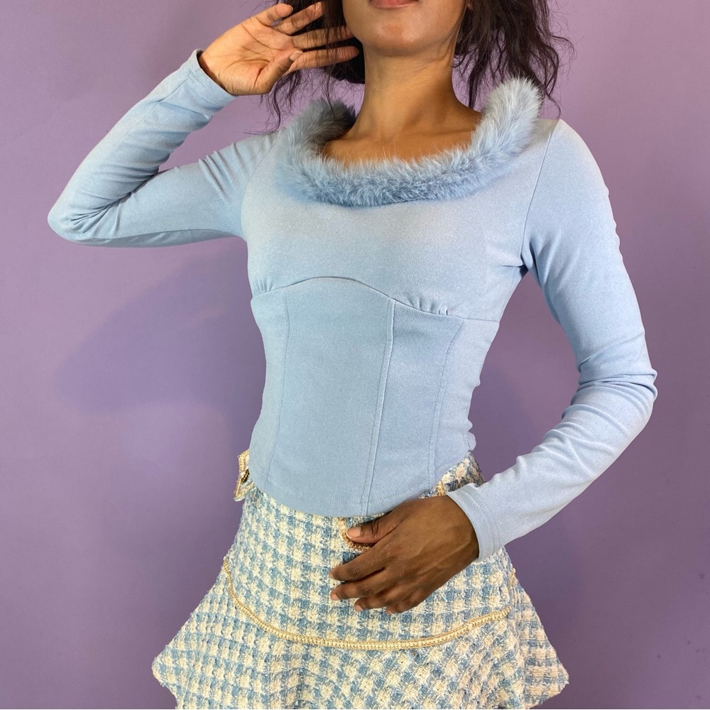 Elegant Blue Long sleeve with Faux Fur Trim